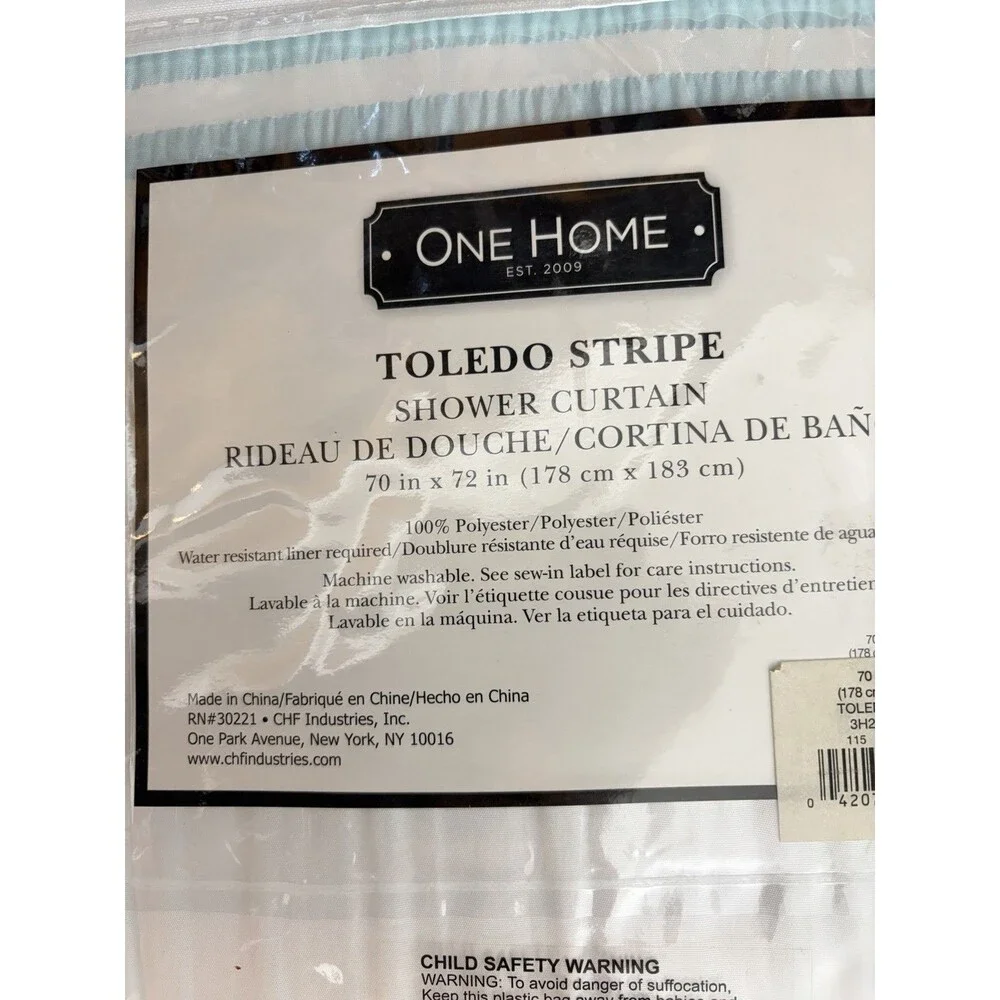 One Home Toledo Stripe Bathroom Shower Curtain 70”x72” White Gray Teal New
